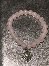 Hand Crafted Bracelet Feeling Hearty Pink Glass Beads Heart Charm Stretch Gift