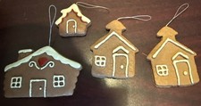 Vintage Wooden Gingerbread House Ornaments   4 Hand-Painted Holiday Decorations