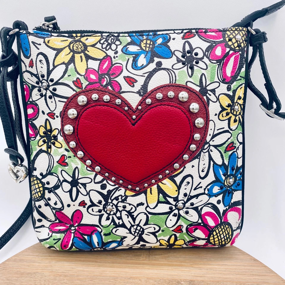 Brighton Crossbody Purse Womens S Red White Leather Messenger Purse Hart - Image 2 of 4