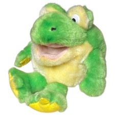 Frog Plush Hand Puppet Green Yellow When Mouth Opens and Closes He Croaks WORKS