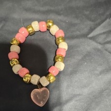 Girls Beaded Bracelet Pink White Gold Plastic Heart Charm Love
