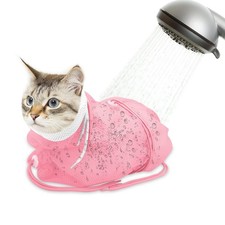 Cat Bathing Bag, Breathable Mesh Shower Bag Anti Large, White-Pink