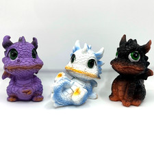 Set of 3 Resin Dragon Pals Purple, White w/ Blue,  Black 3" Cute Garden Figures