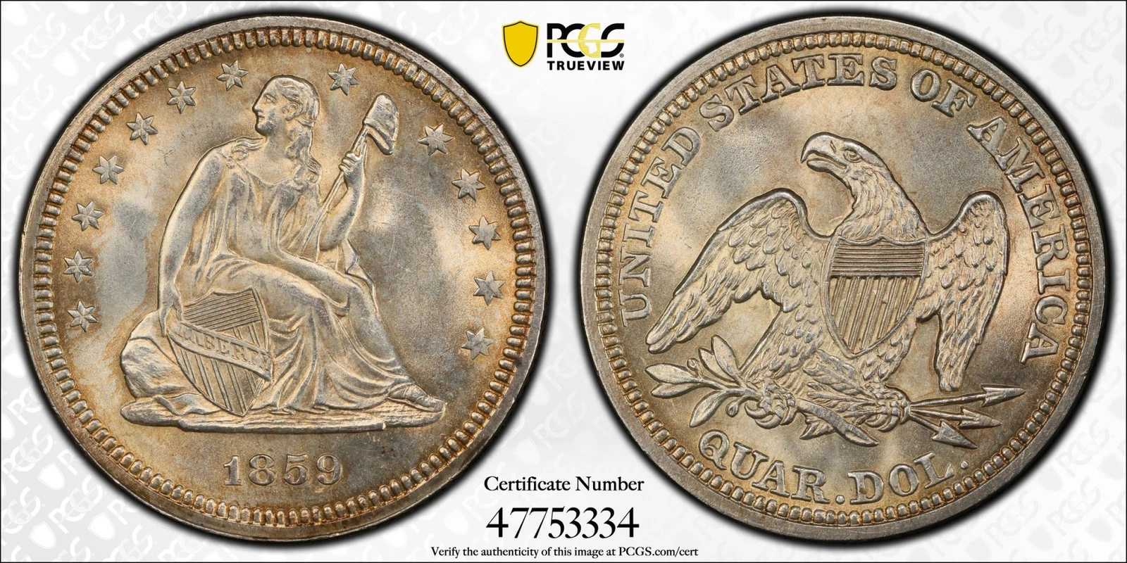 1859 P Seated Liberty Quarter PCGS MS-66