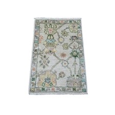 2' x 3' White Afghan Angora Oushak Leaf Pattern Hand Knotted Wool Mat Rug R20319