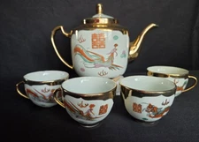 CHINESE 1960's 5 PCS. TEA SET, GOLD DRAGON AND PHOENIX, TEA POT + 4 CUPS 