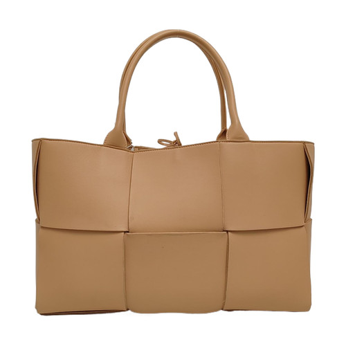 Bottega Veneta Arco Medium Tote Bag Camel Intreccio Leather Top Handle Auth
