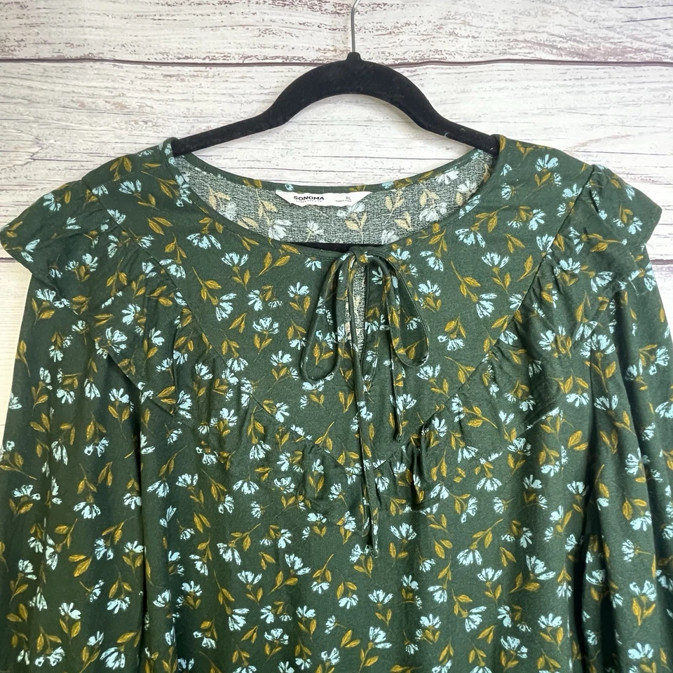 Blusa campesina Sonoma para mujer talla XL con volantes corbata verde azul dorado floral BOHO Foto 2 de 4