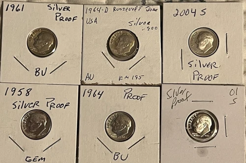 lot of Rosevelt Silver Proof Dime dates 1958, 1961, 1964, 1964-d, 2001 and2004