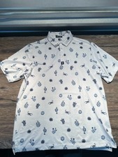 Bad Birdie BBMP007 Polo Shirt Mens Large White Blue Cactus Scorpion Golf Print