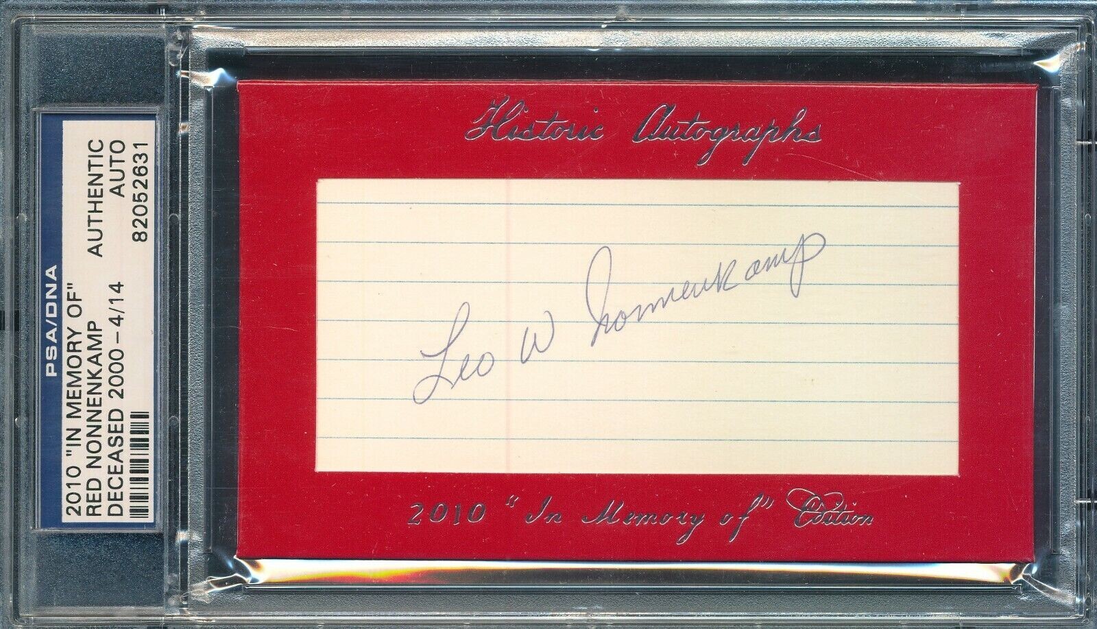PSA/DNA 2010 Historic Autographs Leo RED NONNENKAMP In MEMORY Of AUTO 4/14