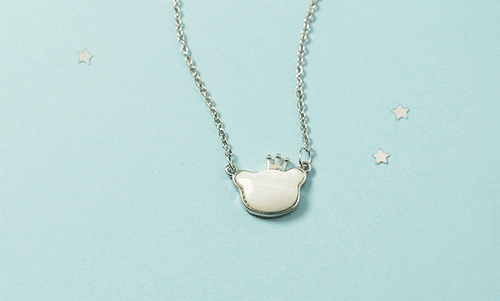 Silver White Shell Crown Teddy Bear Pave Cubic Zirconia Pendant Chain Necklace - Picture 2 of 2