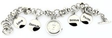 NEW GENEVA POLISHED SILVER TONE CHARMS BRACELET LOVE,COURAGE,BELIEVE,FAIT WATCH