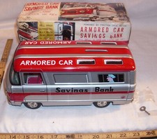 ARMORED CAR SAVINGS BANK TIN FRICTION TOY JAPAN BOXED WORKS