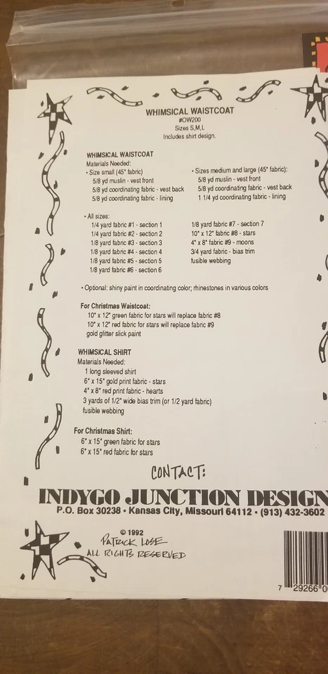 New Indygo Junction Whimsical Waistcoat Pattern Uncut Western Patrick Lose - Image 2 of 2