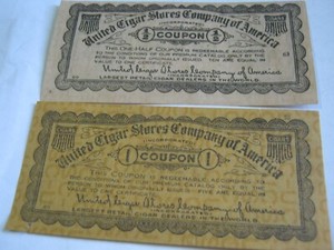 UCSCA United Cigar Stores Company of America RARE Pink 1/2 COUPON & 1 Coupon #1