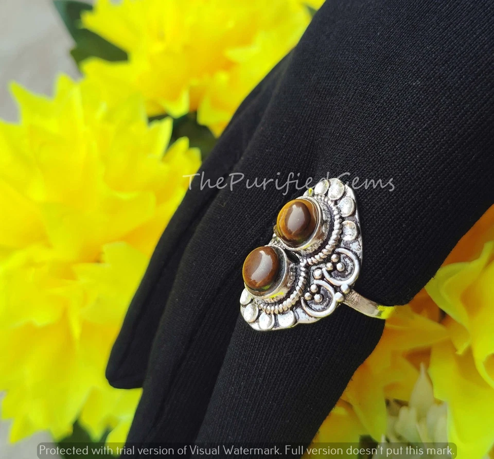 Anillo redondo de piedra ojo de tigre de 8 mm/enchapado en ley 925/anillo hecho a mano/regalo para mujer Foto 2 de 4