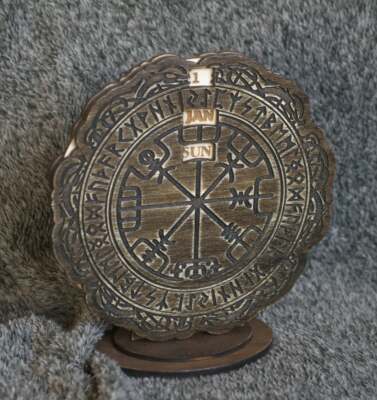 Viking Runic Compass - Vegvisir themed wooden perpetual calendar - any language 