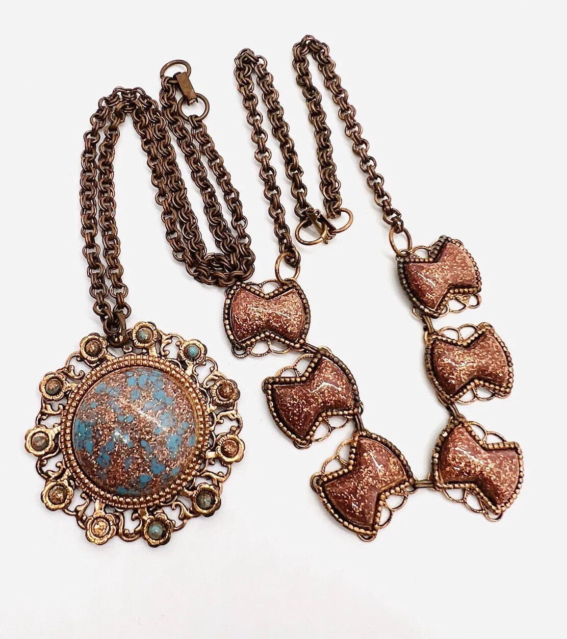 Lot of 2 Copper Necklaces Faux Turquoise & Gold Stone Glass Vintage