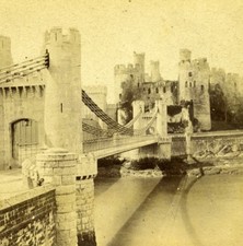 Wales Conwy Conway Castle Suspension Bridge Old Stereoview Photo 1865