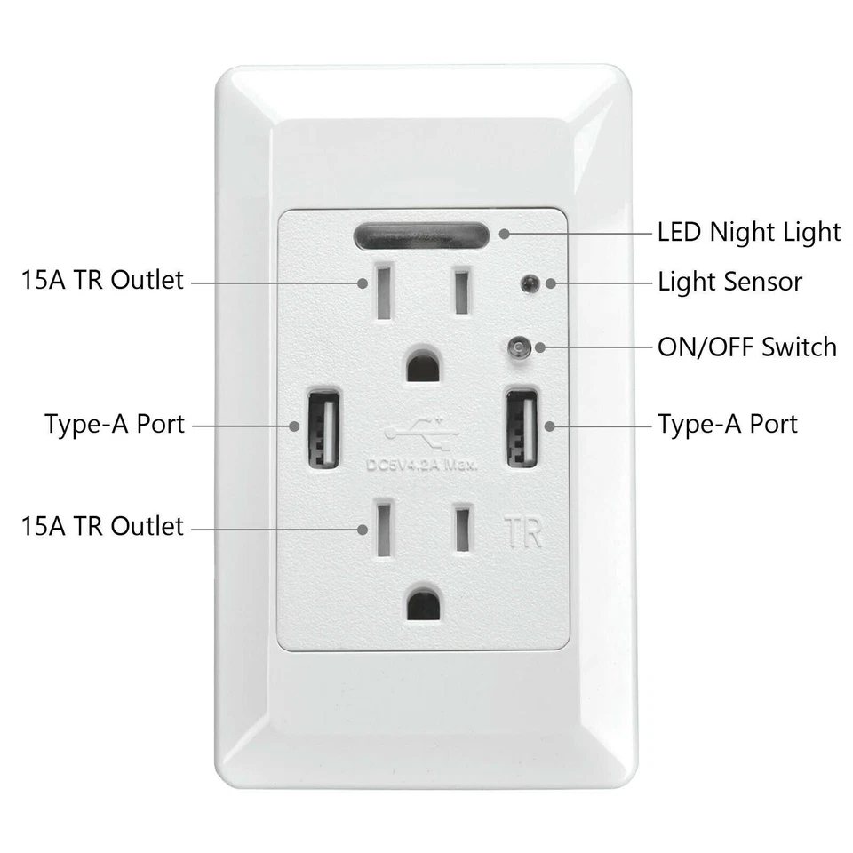 Toma de pared 4,2 A con puertos USB Luces LED Nocturnas Decora Receptáculo Dúplex Paquete de 5 Foto 3 de 4