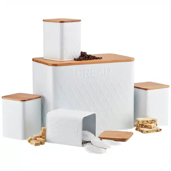 Cooks Professional Küchen-Aufbewahrungsset | 5-teilig quadratisch mit Bambusdeckeln | weiß