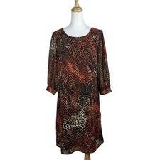 New Directions Women’s Tunic Dress Brown Orange Animal Print Semi-Sheer Size L