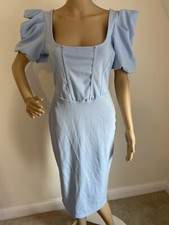 Boohoo Corset Detail Puff Sleeve Bodycon Midi Dress Sky Blue 12 BNWT Freepost