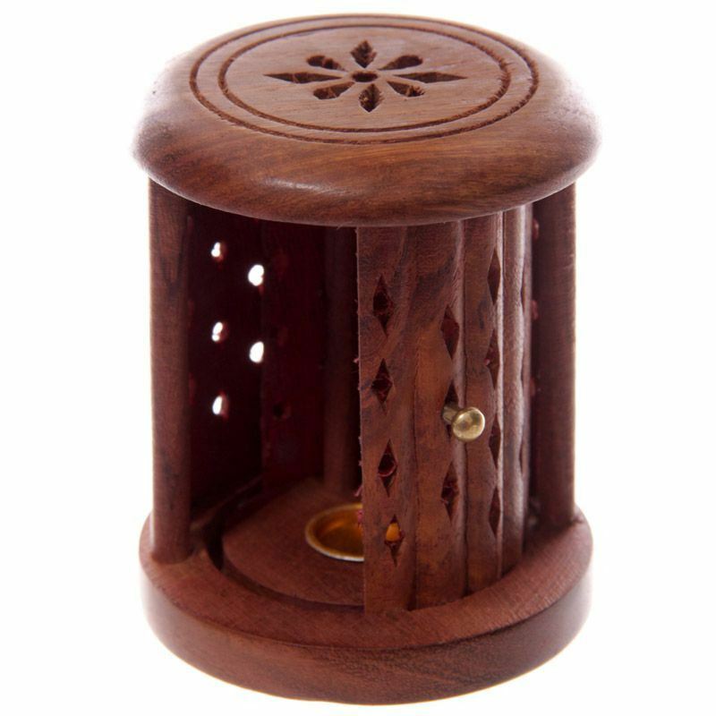 Sheesham Wood Carved Barrel Incense Cone Burner Holder Ash catcher, Novelty Gift