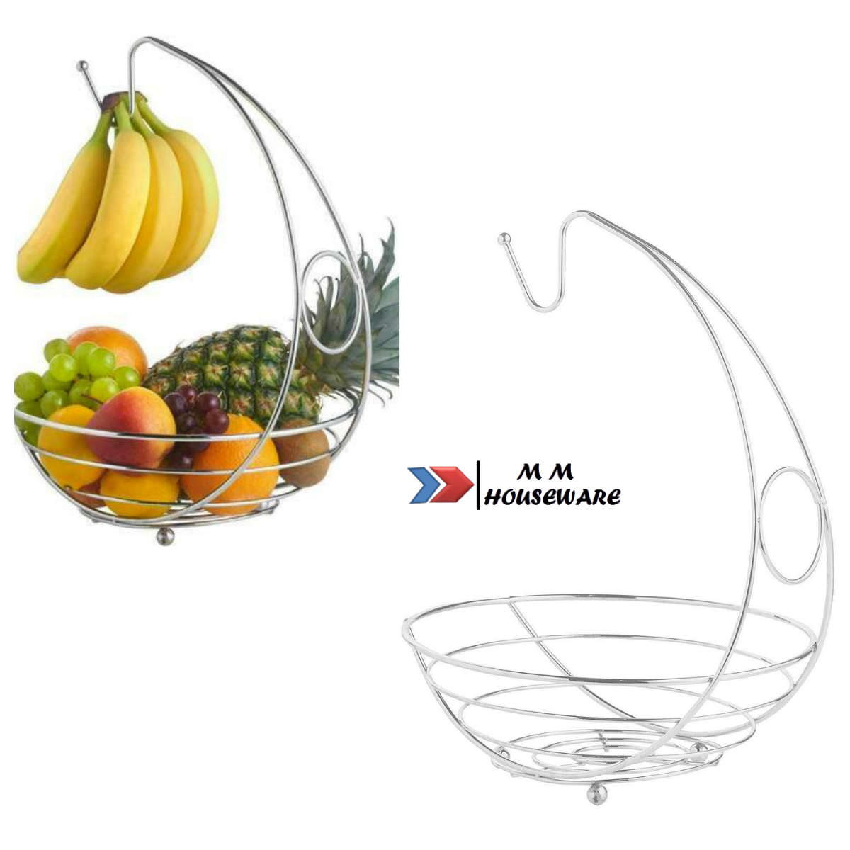 Tree Fruit Bowl Basket Stand Large Fruit Bowl Holder with Banana Hanger