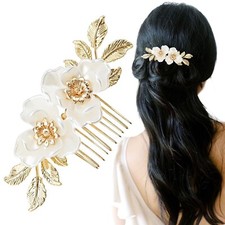 2 PACK Flower Wedding Hair Comb for Bride, Gold Leaf Wedding Hair Piece Flora...