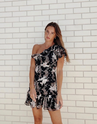 Stevie May Calliope Black & Pink Floral Ruffle One Shoulder Mini Dress 