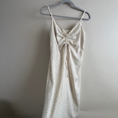 Oak + Fort Polka Dot Slip Dress Cream Ruched Tie Front Midi Size M Minimalist