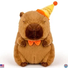 13-Inch Brown Capybara Plush Toy with Birthday Hat - Perfect Gift for Kids &
