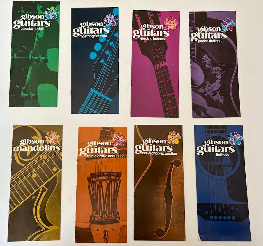 8 Gibson guitars brochures   1970  original  9x4  flattops mandos electrics, etc
