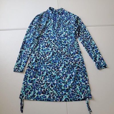 Coolibar Rash Guard Swim Dress Womens XS Blue UPF 50+ Long Sleeve Zip Print