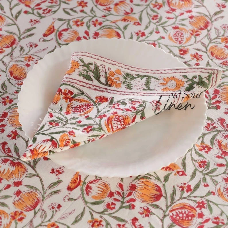 Cotton Tablecloth Floral Block Print Kitchen Decor Table Cover for Dining Spaces - Image 4 of 4