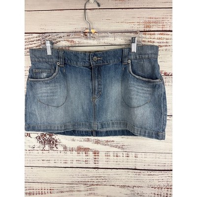Womens Y2K Mossimo Blue Denim Jean Skirt Micro Mini Low Rise Distressed Size 15