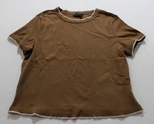 ASOS Women's S/S Crewneck Blanket Stitch Detail Baby Tee AC2 Brown Large NWT 