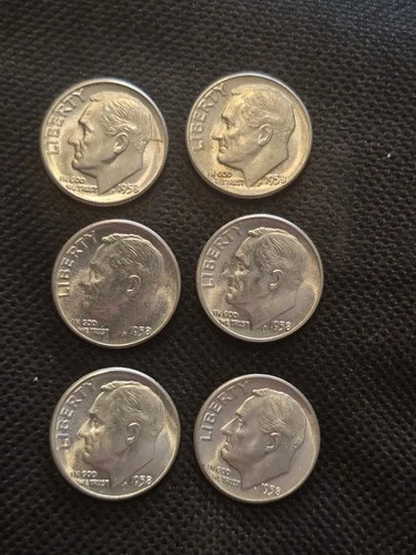 6 Beautiful BU 1958 Roosevelt Silver Dimes. Amazing Silver Luster!