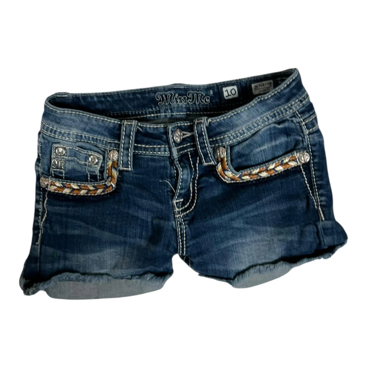 Short Miss Me Jeans Bermuda Femme - Taille 14 - Bleu Avec Croix En Cuir