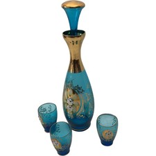 Antique Bohemian Czech Hand Painted Blue Gold Floral Glass Decanter Set 