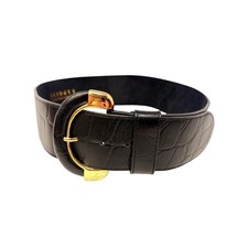 80s Express Womens Wide Belt Black Alligator Embossed Leather Gold Buckle Medium