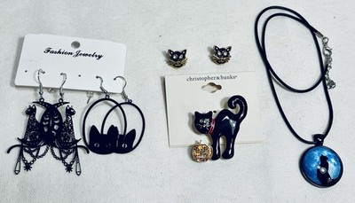 Lot of 5 Pieces Black Cat Jewelry Halloween Cat Lover Earrings Necklace Brooch