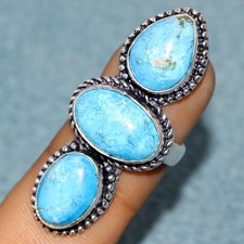 925 Silver Plated Long Turquoise Ring US 6.5 Ethnic Jewelry New Year Vibes JW