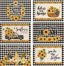 Dycica 6Pcs Sunflower Placemats Spring 12 x 18 inch, White, Yellow, Black 