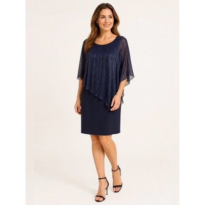 Connected Apparel Poncho Dress Womens 12 Navy Blue Metallic Capelet Evening NEW