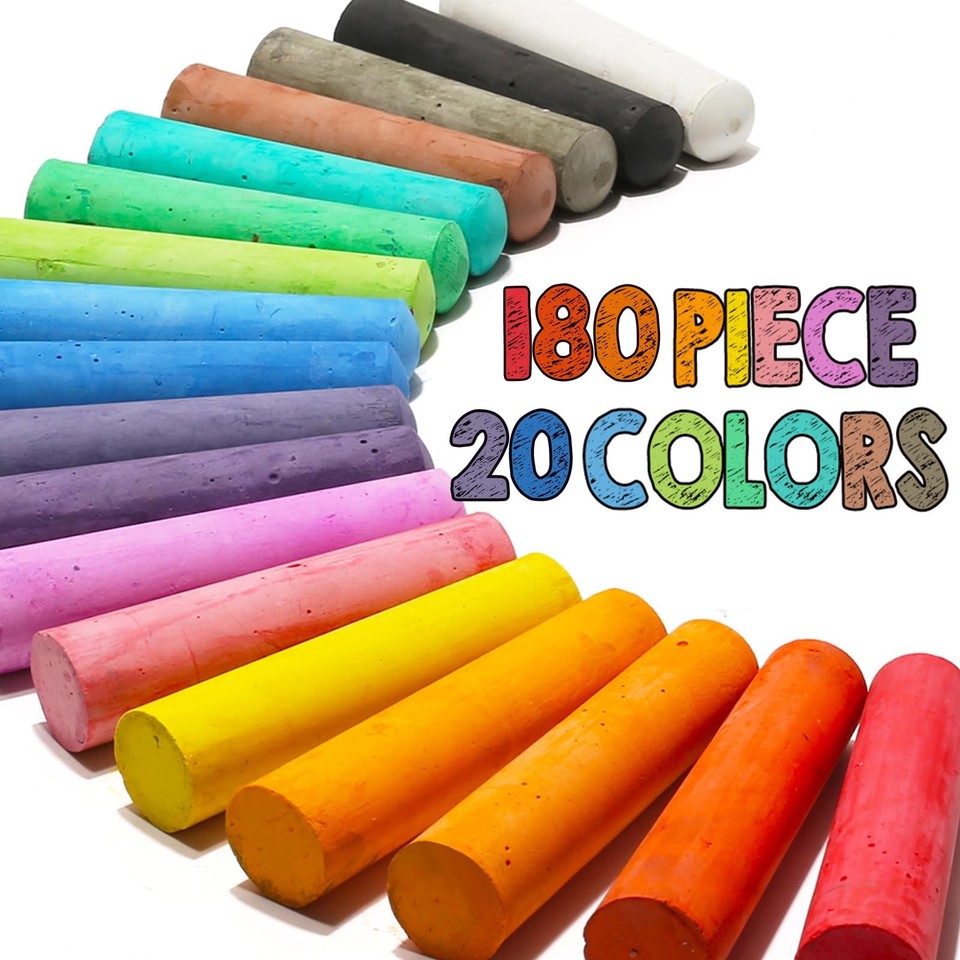 180 Pack Washable Sidewalk Chalk in 20 Colors, Jumbo Outdoor Chalk Bulk ...