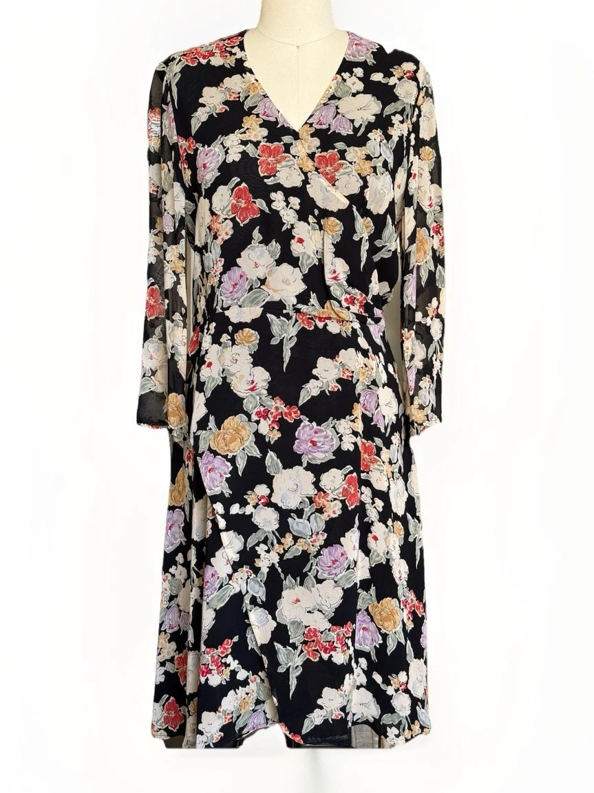 Giorgio Armani — Giorgio ARMANI Le Collezioni Black Floral Faux Wrap Midi Dress Dark Romance Y2K