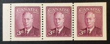 Stamps Canada Mint: #286a 3c rose violet Geo. Vl with "P&P" bklt. pane of 3 MNH